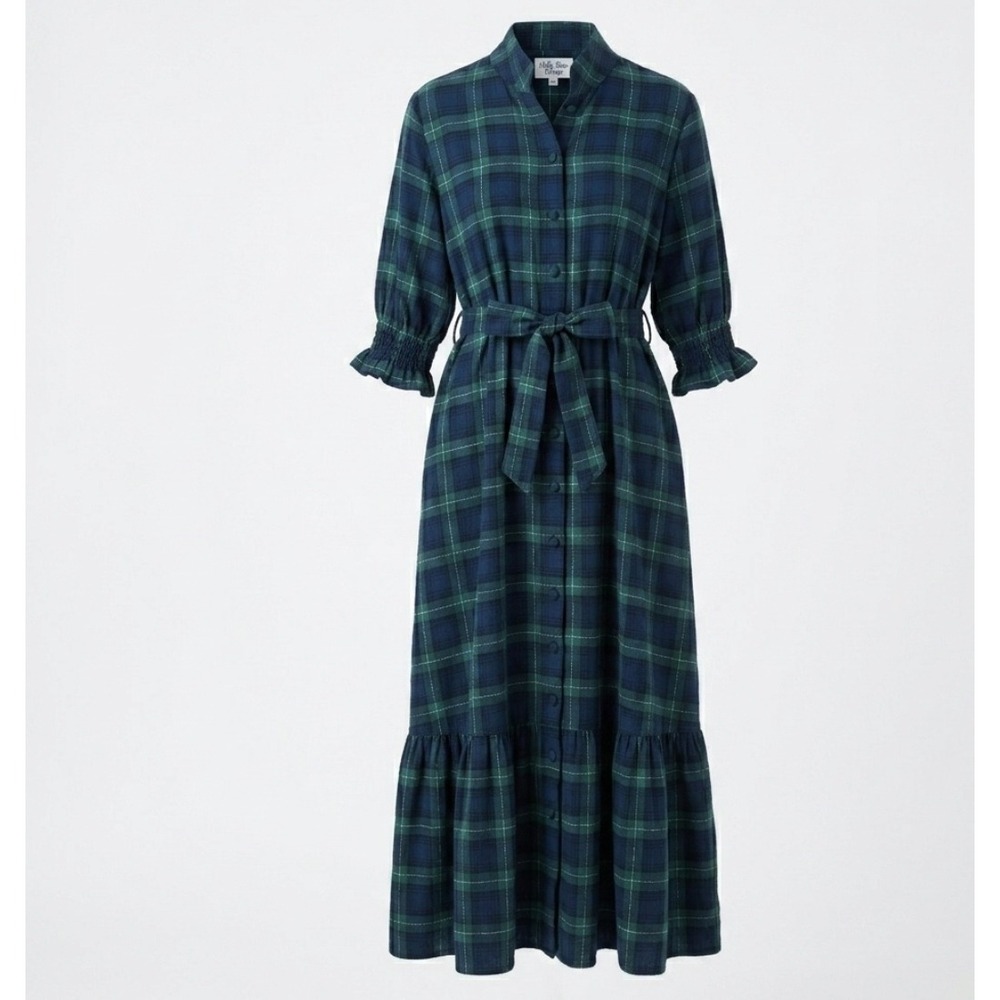 Holly Shae Design Catherine Dress Plaid Flannel Maxi Green Blue XS/M Tie Waist